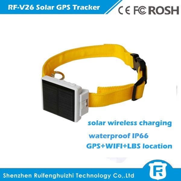 Waterproof solar power gps anamal tracker with sos alarm,anti-remove alarm rf-v26